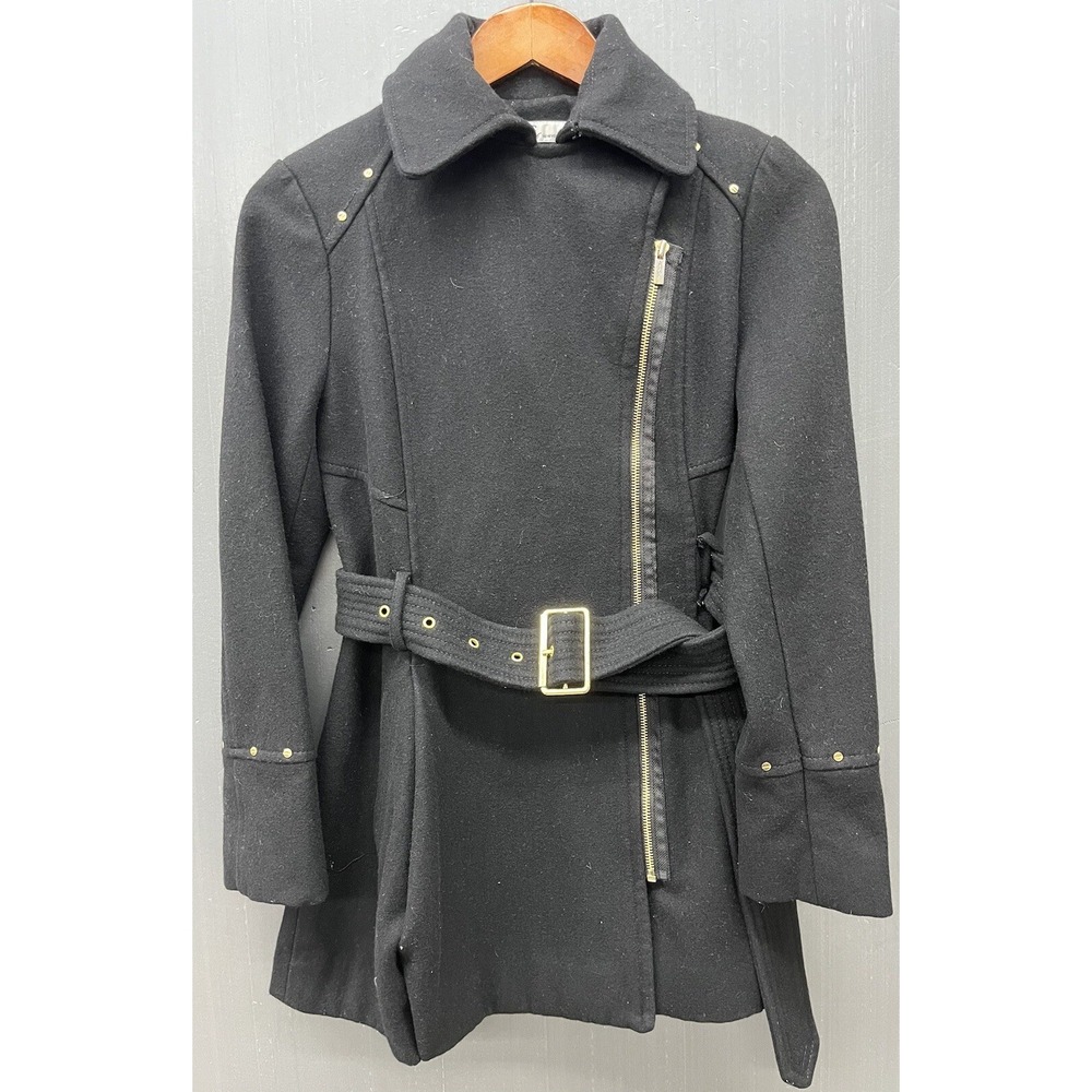 Women Jacket 2 Black Wool Blend Gold Side Zip Belted Coat Whimsigoth Y2K Chic